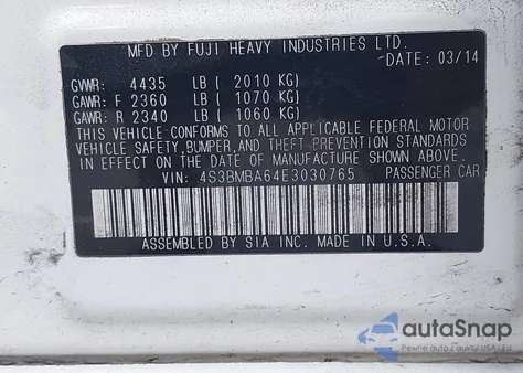 2014 Subaru Legacy 2.5I from USA, damaged, VIN 4S3BMBA64E3030765